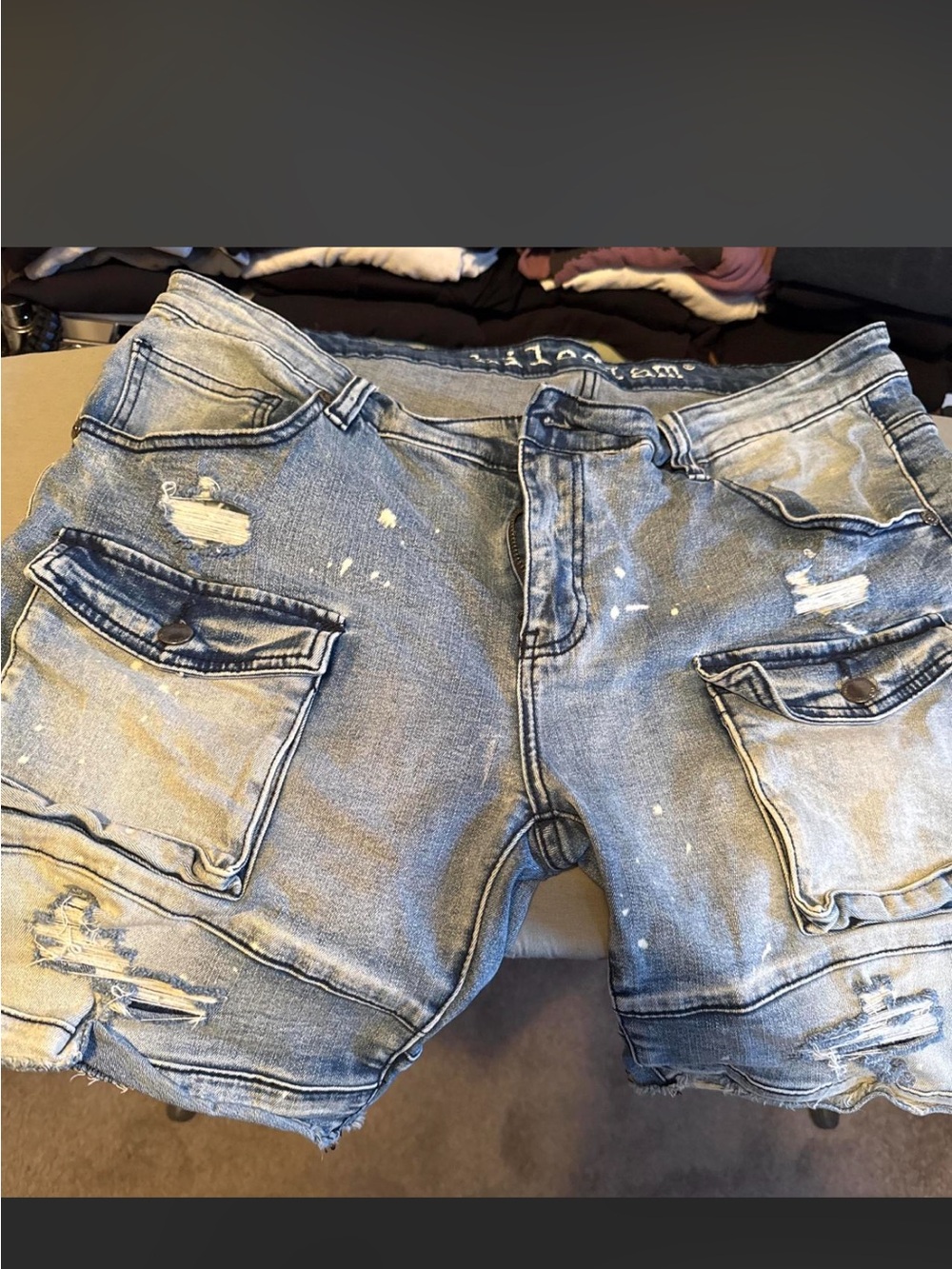 Men's Distressed Light Blue Jean Cargo Shorts